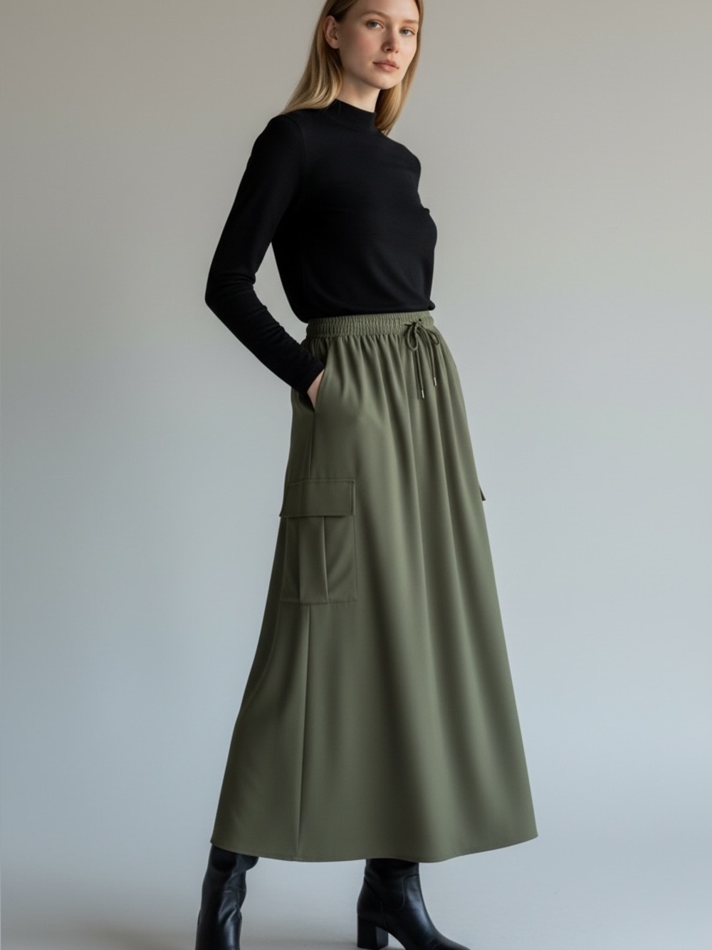 Maxi length cargo skirt olive Green size M sateen